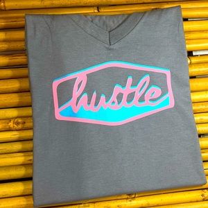 Large gray V-neck tshirt “hustle”